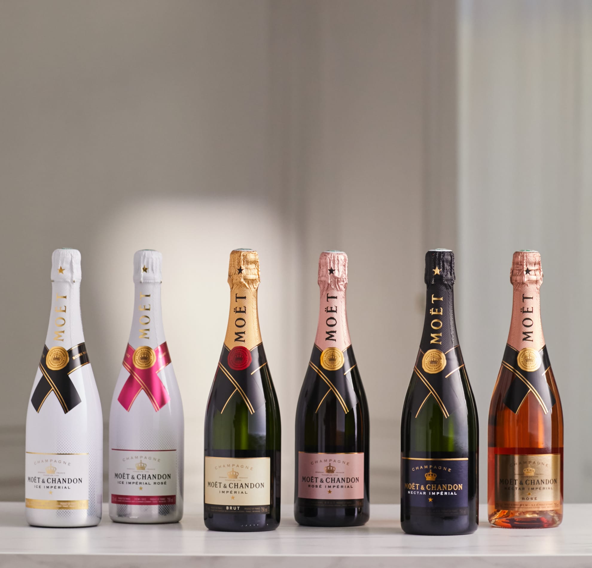 Champagne bottles in various sizes, Imperial, Moet et Chandon